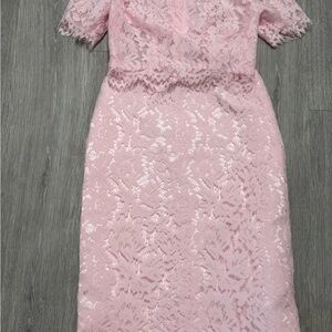 2-piece women’s size 8 Dress, pink appliqué-style lace over polyester.